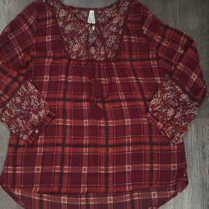 American Rag Burgundy Plaid and Floral Top